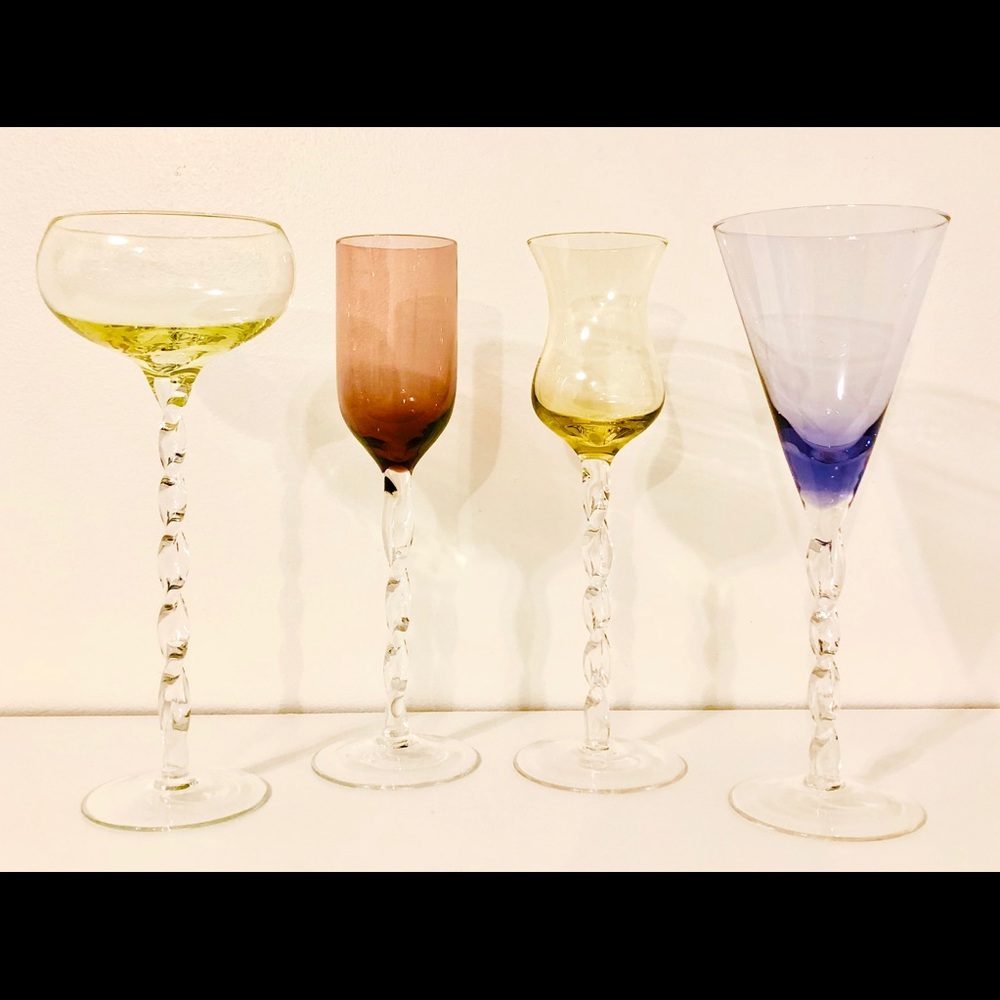 4 Vintage Multicolored Cordial Cocktail Glasses